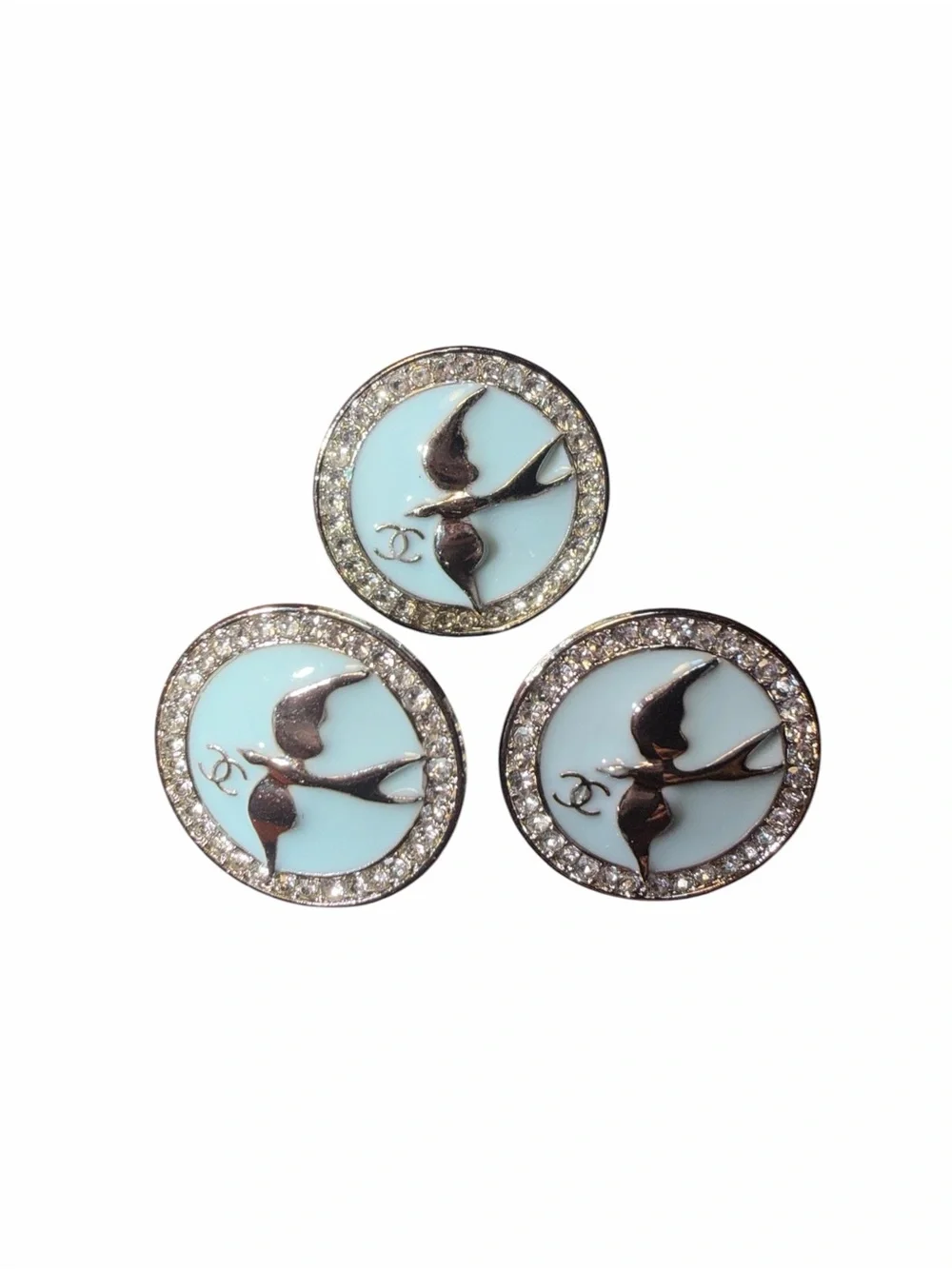 CHANEL Light Blue Enamel Bird Motif Crystal Trim Buttons (Set of 3)